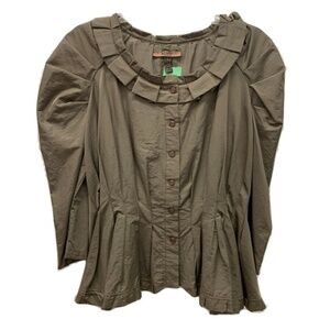 Pleated Collar Button-Up Blouse, Size L